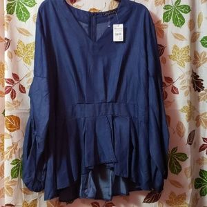 Denim Hi-Low Shirt with  Gathered Sleeves